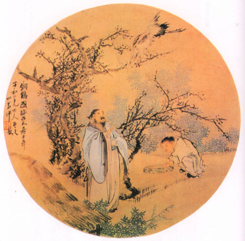 清·任薰《饲鹤图》 清·任薰《饲鹤图》