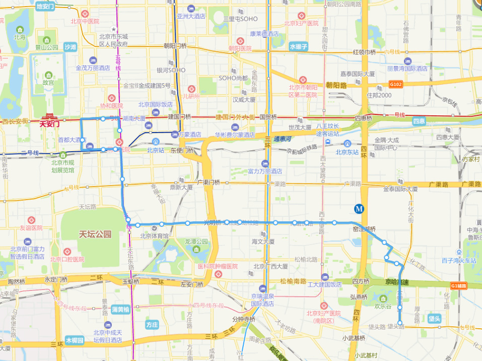 北京华侨城——东单路口南线路走向 北京华侨城——东单路口南线路走向
